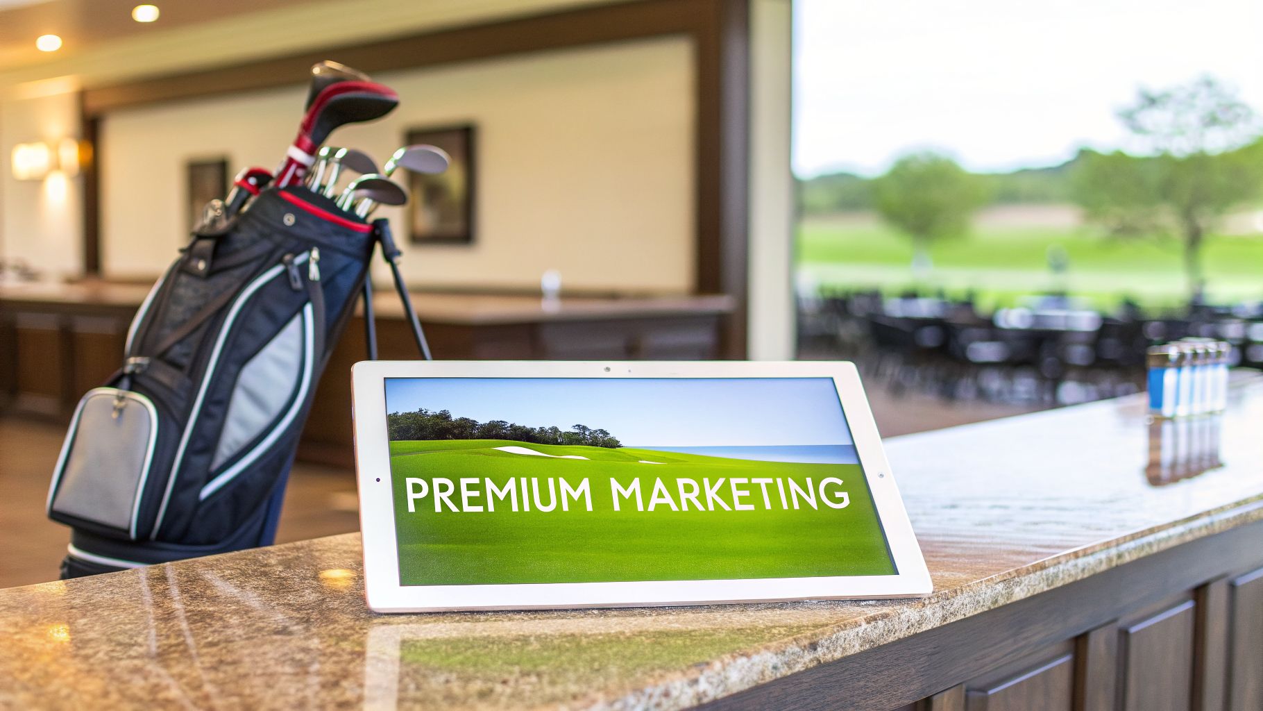 A golf bag with clubs next to a tablet displaying 'PREMIUM MARKETING' on a golf course background.