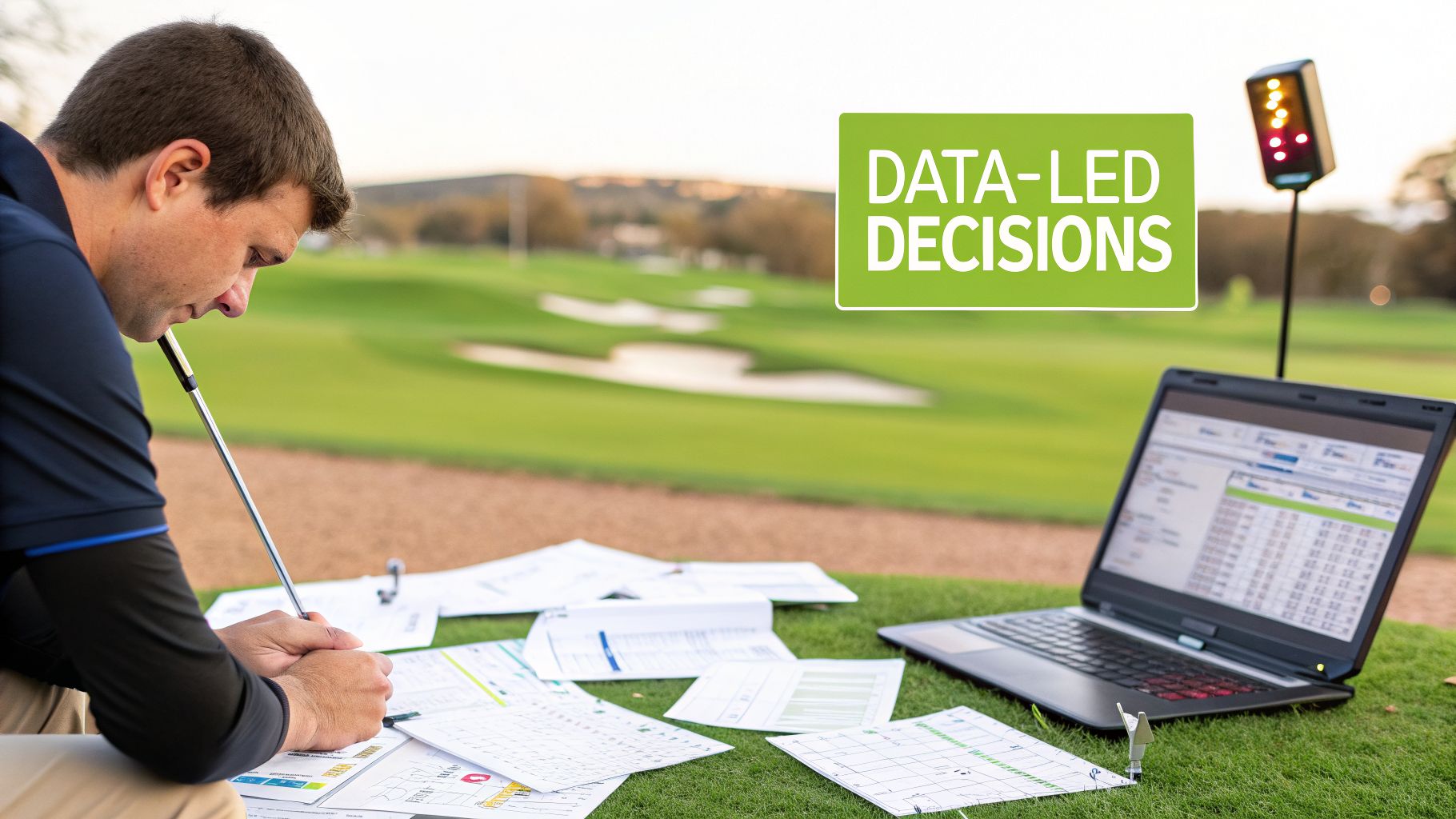 A man on a golf course reviews data from a laptop and papers, making data-led decisions.