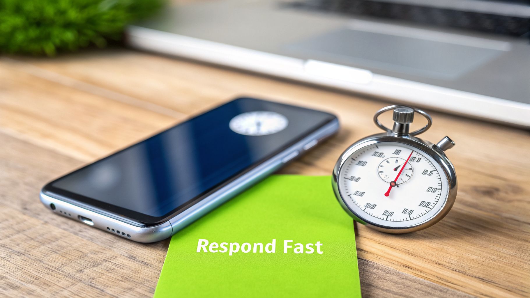 A smartphone, stopwatch, and 'Respond Fast' note on a desk, symbolizing quick action.