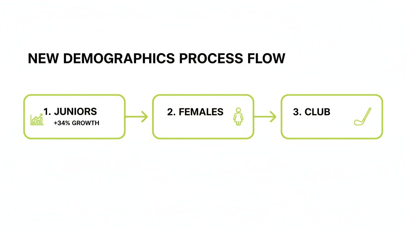 Process flow diagram showing new demographics for golf clubs: juniors (+34% growth), females, and club.
