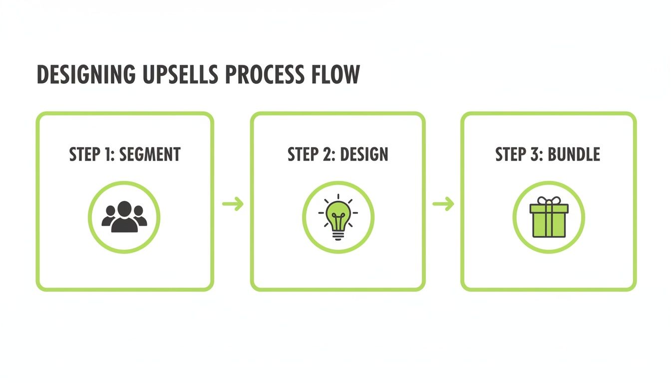 A three-step process flow for designing upsells: segment, design, and bundle with icons.
