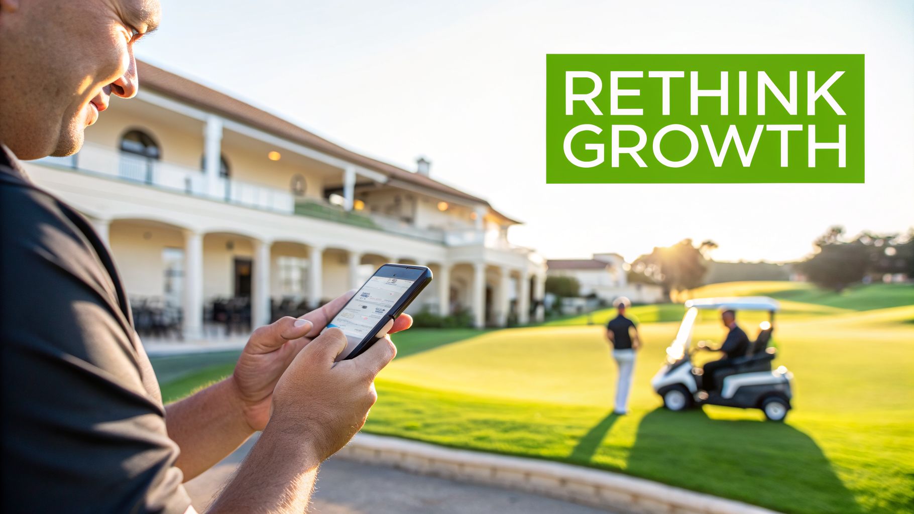 A man uses a smartphone at a sunny golf course with a clubhouse and other golfers in the background. A green box says 'RETHINK GROWTH'.