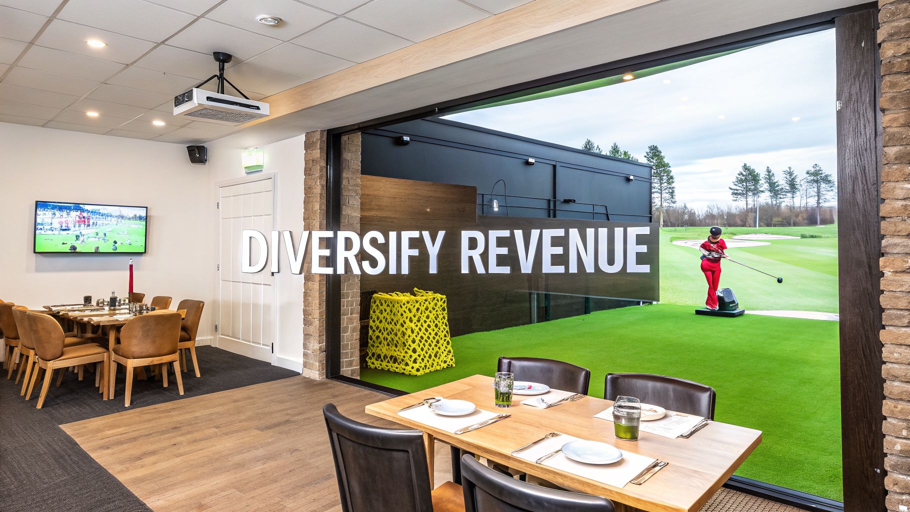 Indoor dining area overlooks an outdoor golf driving range with a robotic golfer and 'DIVERSIFY REVENUE' text.