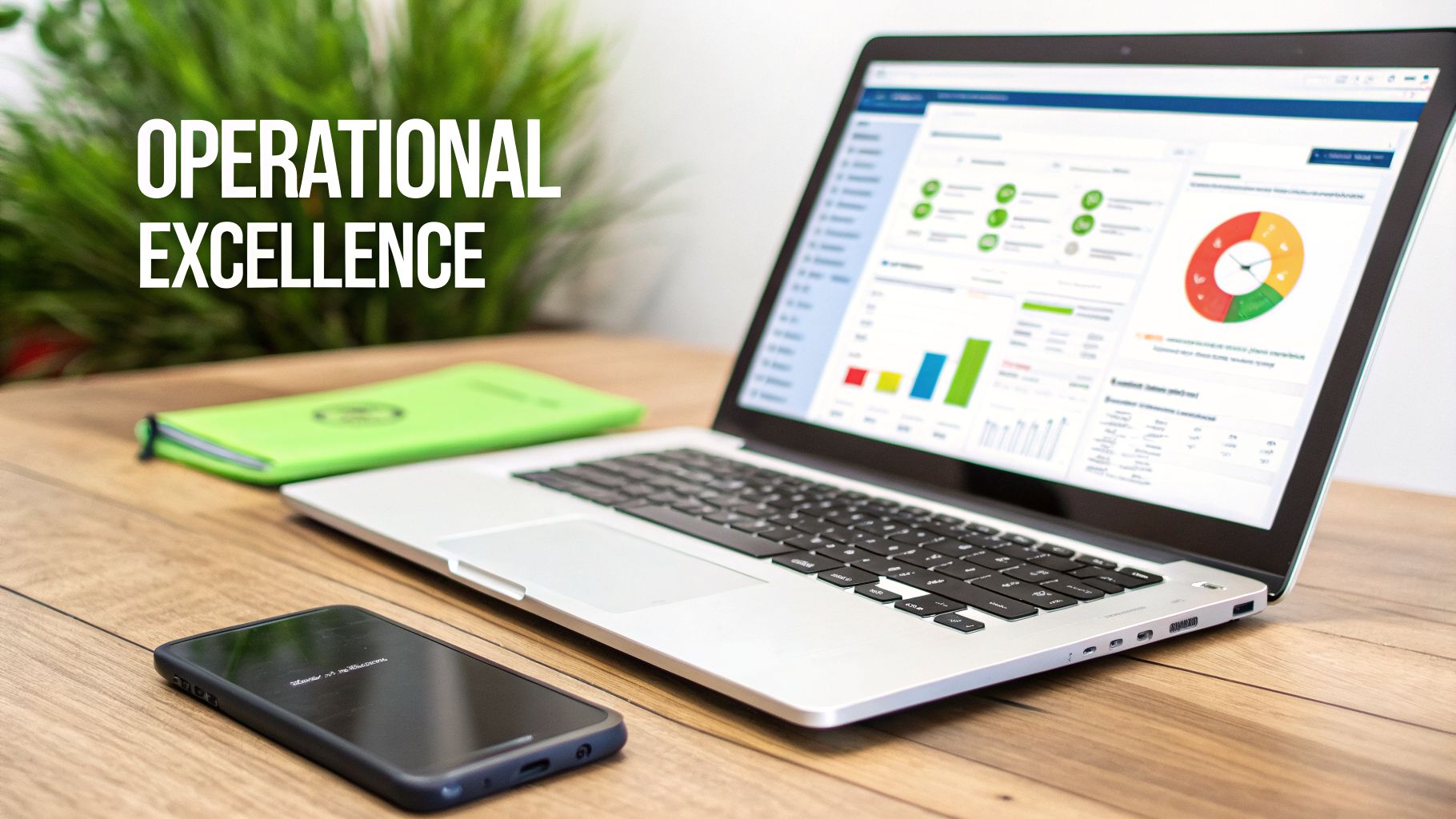 Laptop displaying 'OPERATIONAL EXCELLENCE' and business analytics, with a notebook and phone on a wooden desk.