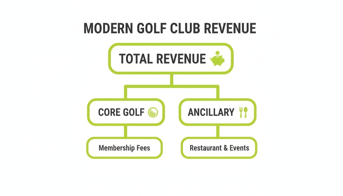A modern golf club revenue chart showing total revenue split into core golf (membership fees) and ancillary (restaurant & events) streams.