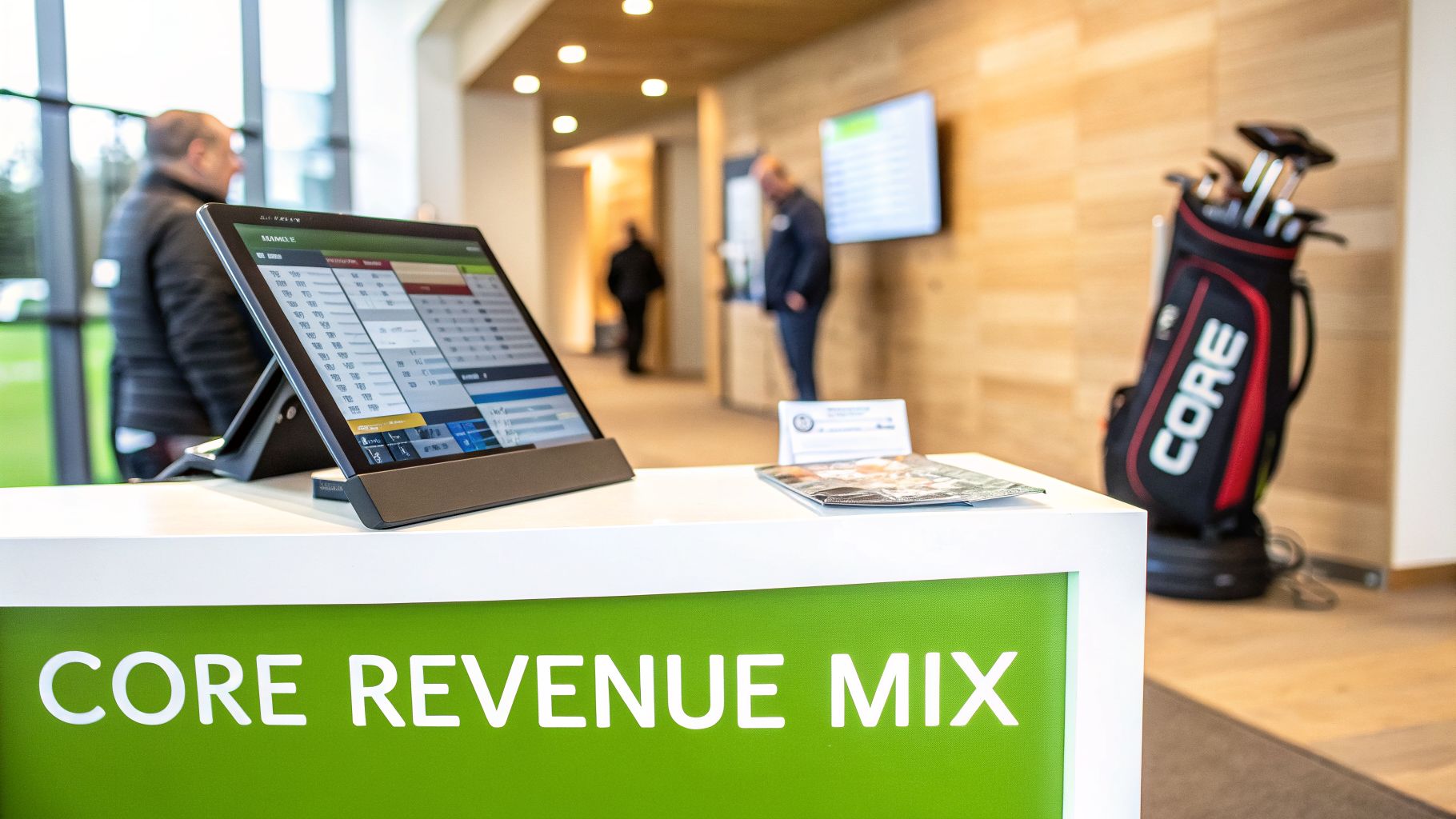 A modern golf club reception area with a tablet displaying a schedule and a 'CORE REVENUE MIX' sign.