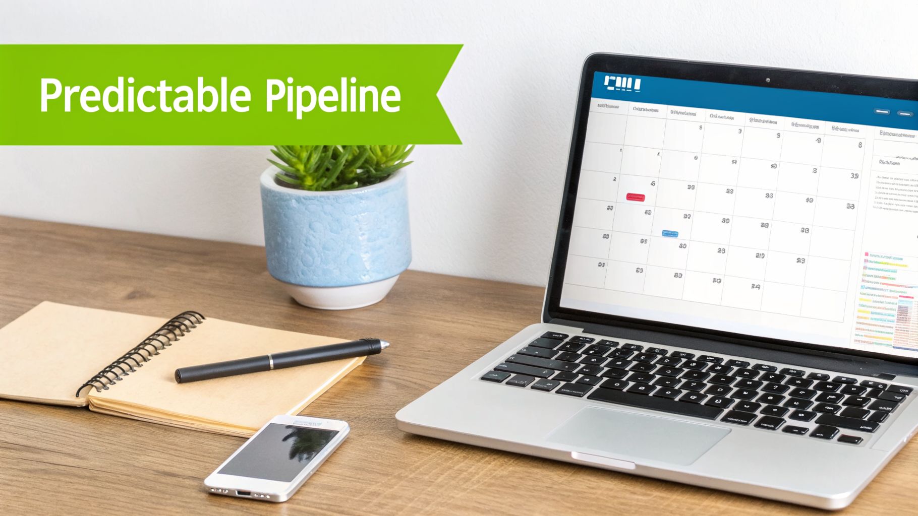 A workspace with a laptop showing a calendar, notebook, smartphone, and plant, under a 'Predictable Pipeline' banner.
