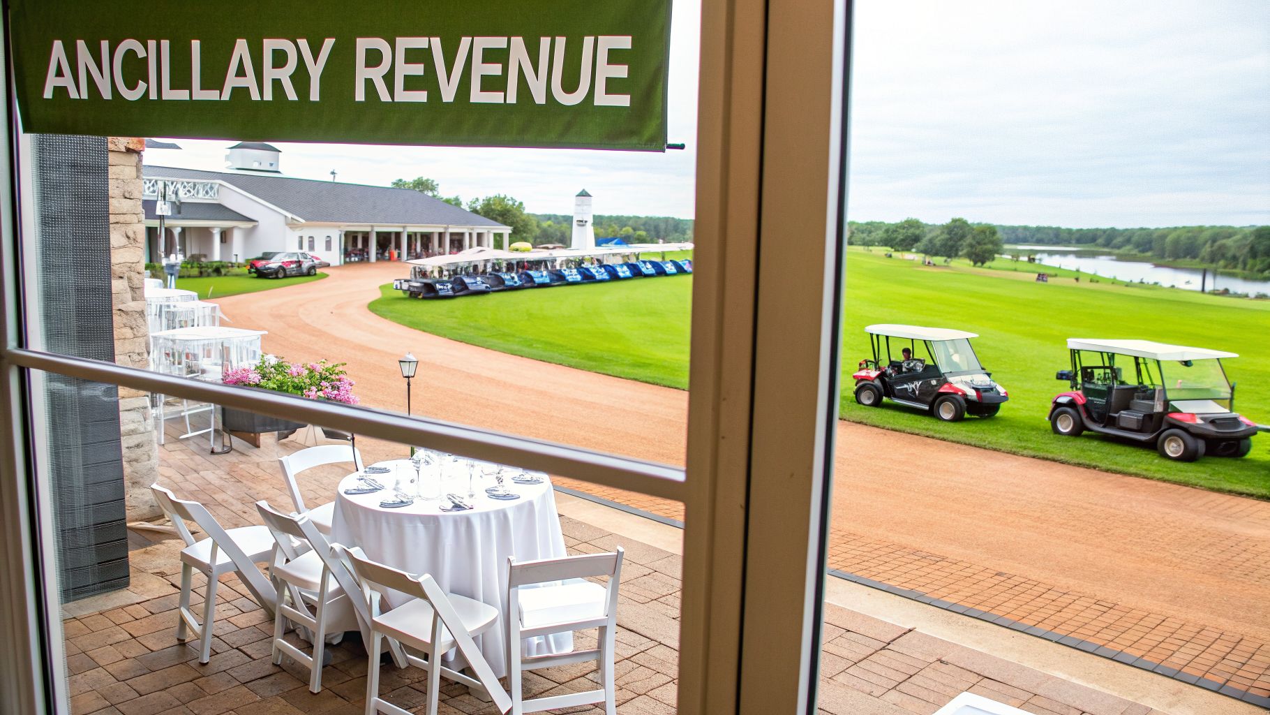 View from a patio showing a golf course, clubhouse, golf carts, and an 'Ancillary Revenue' banner.