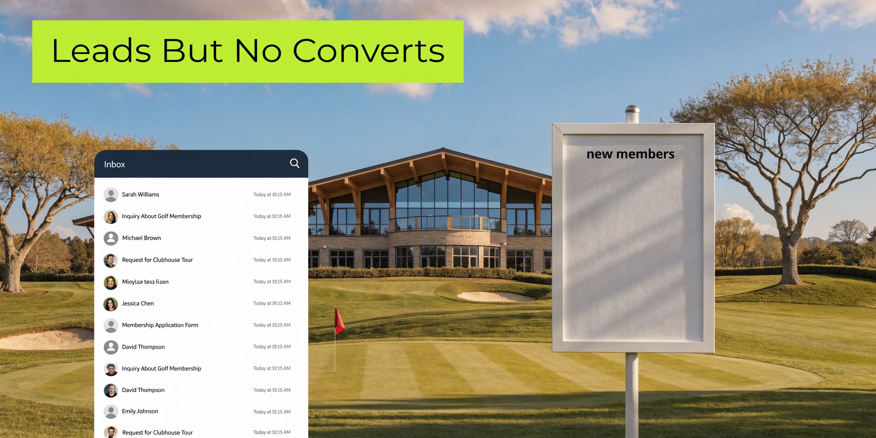 A digital inbox showing golf membership inquiries next to a blank sign on a golf course fairway.