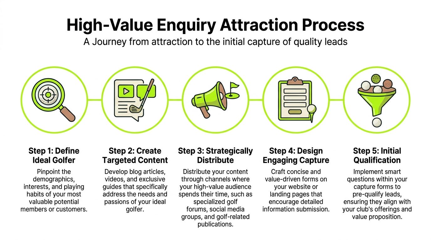 A five-step infographic showing the high-value enquiry attraction process for golf club membership marketing.