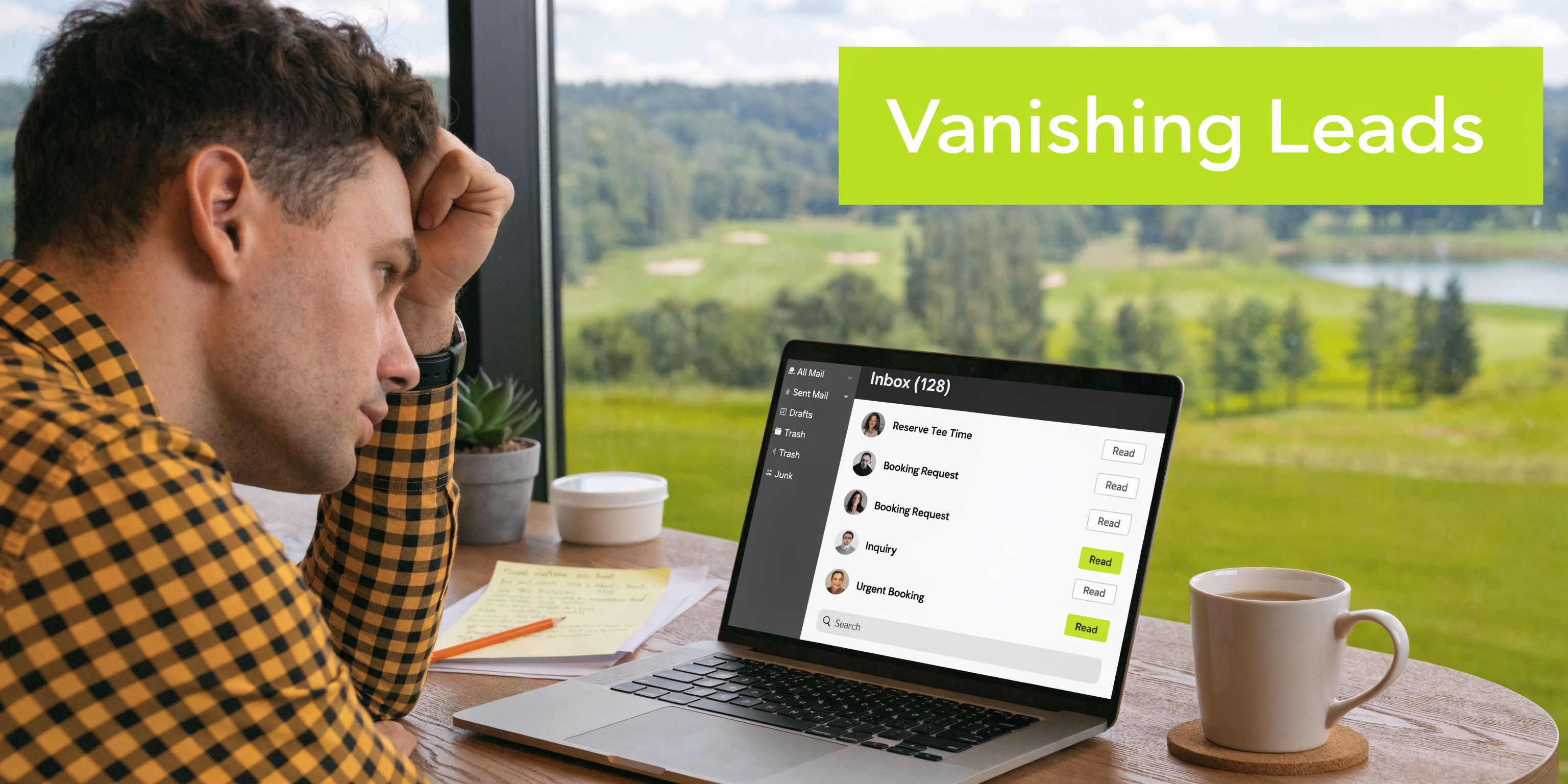 A frustrated man looks at his laptop screen displaying numerous unread email booking requests in his inbox.