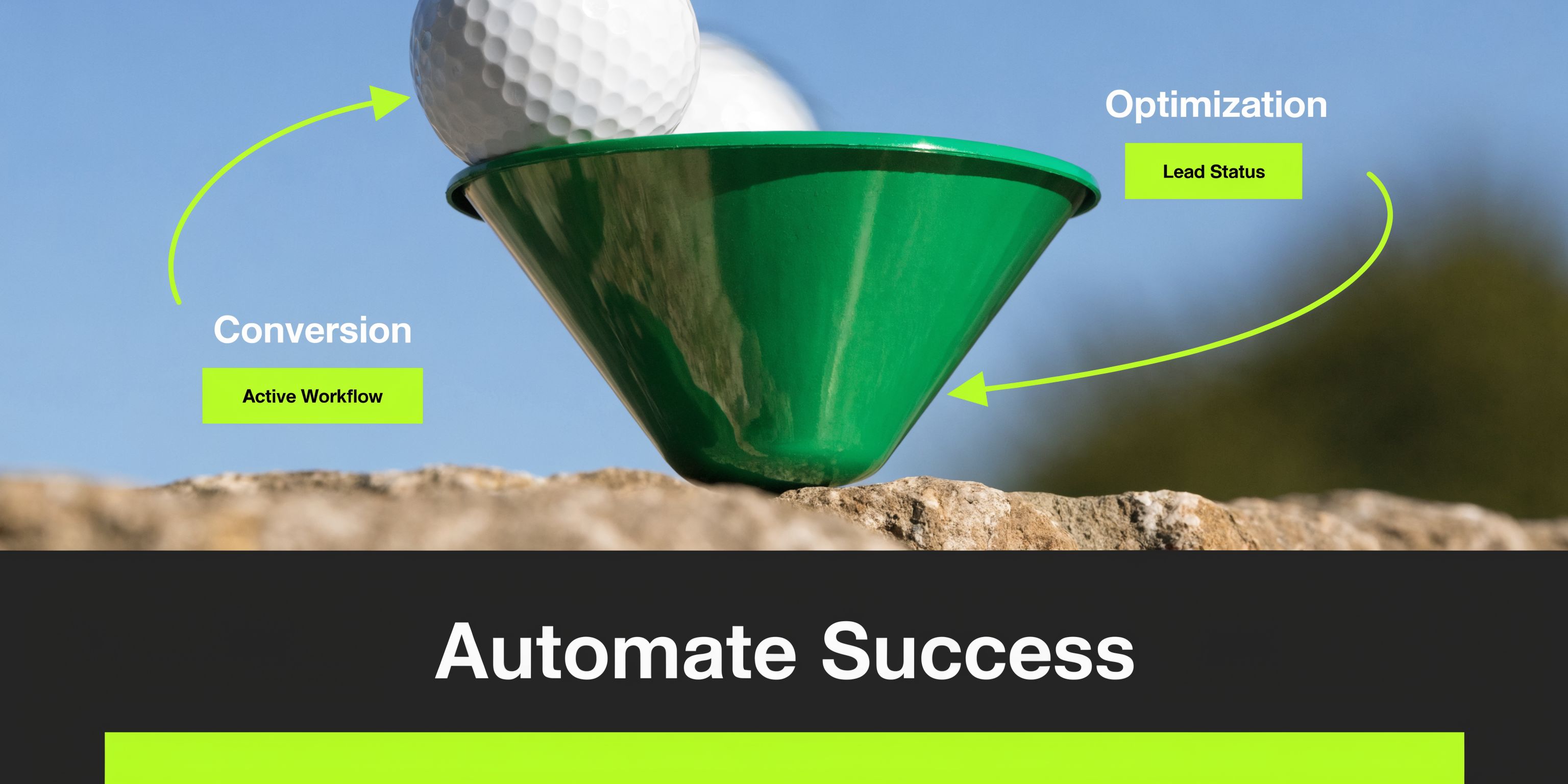 A conceptual image featuring a golf ball inside a funnel with arrows representing conversion and optimization processes.