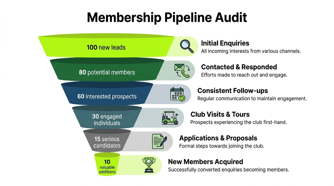 A funnel diagram showing the membership pipeline audit for a golf club from initial enquiry to member acquisition.