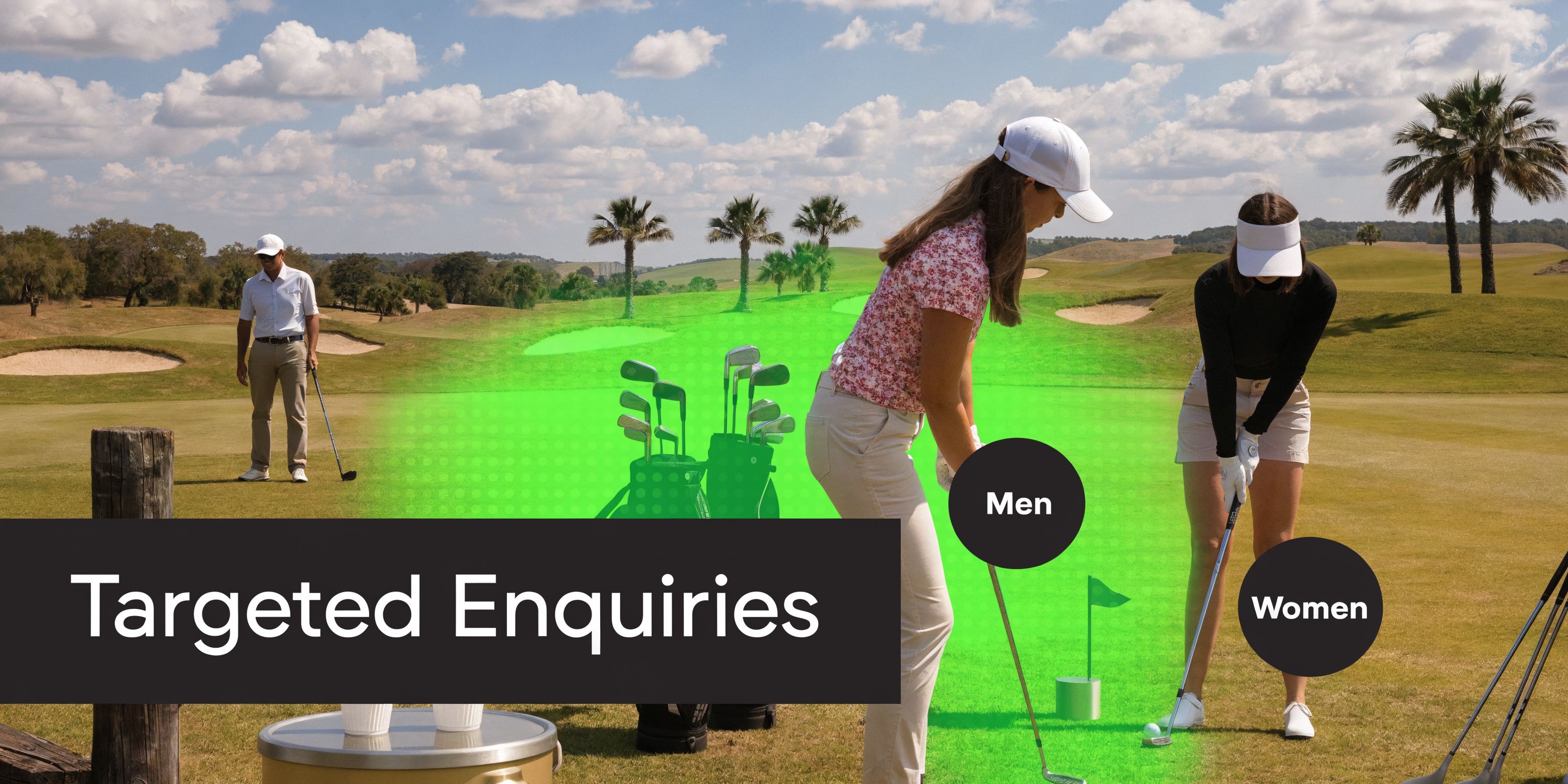 A group of golfers practicing on a golf course with a targeted enquiries overlay graphic.