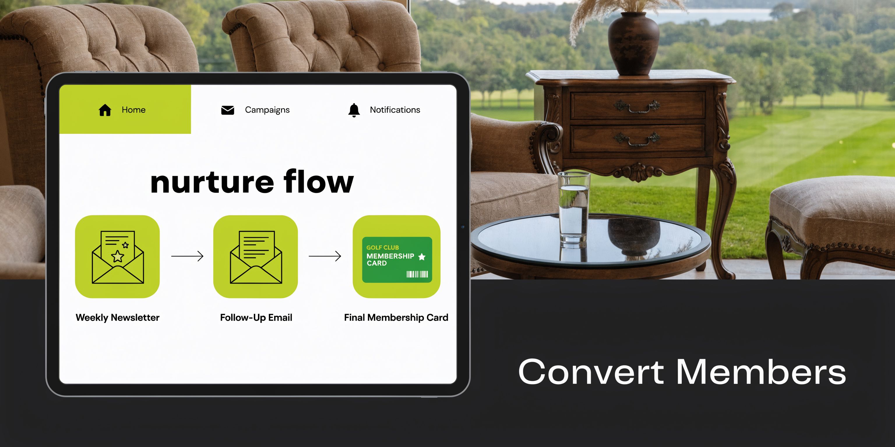 A tablet screen displaying a golf club nurture flow strategy for converting new members via email communication.
