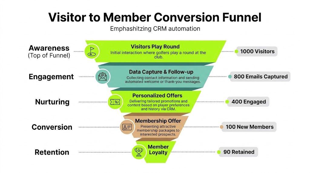 A funnel diagram illustrating the visitor to member conversion process for golf clubs using CRM automation strategies.