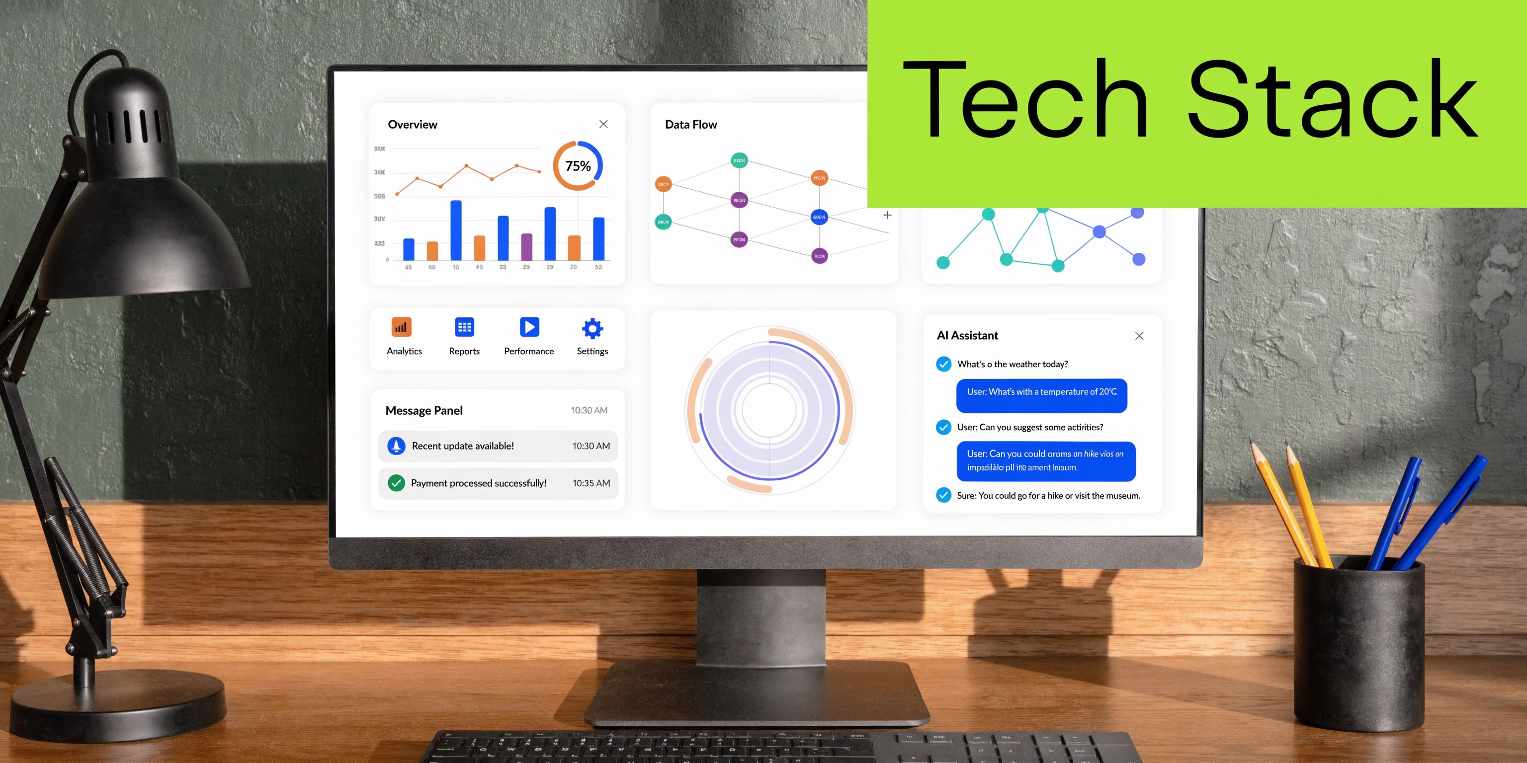A computer monitor on a wooden desk displaying a dashboard with data analytics and AI assistant interface.
