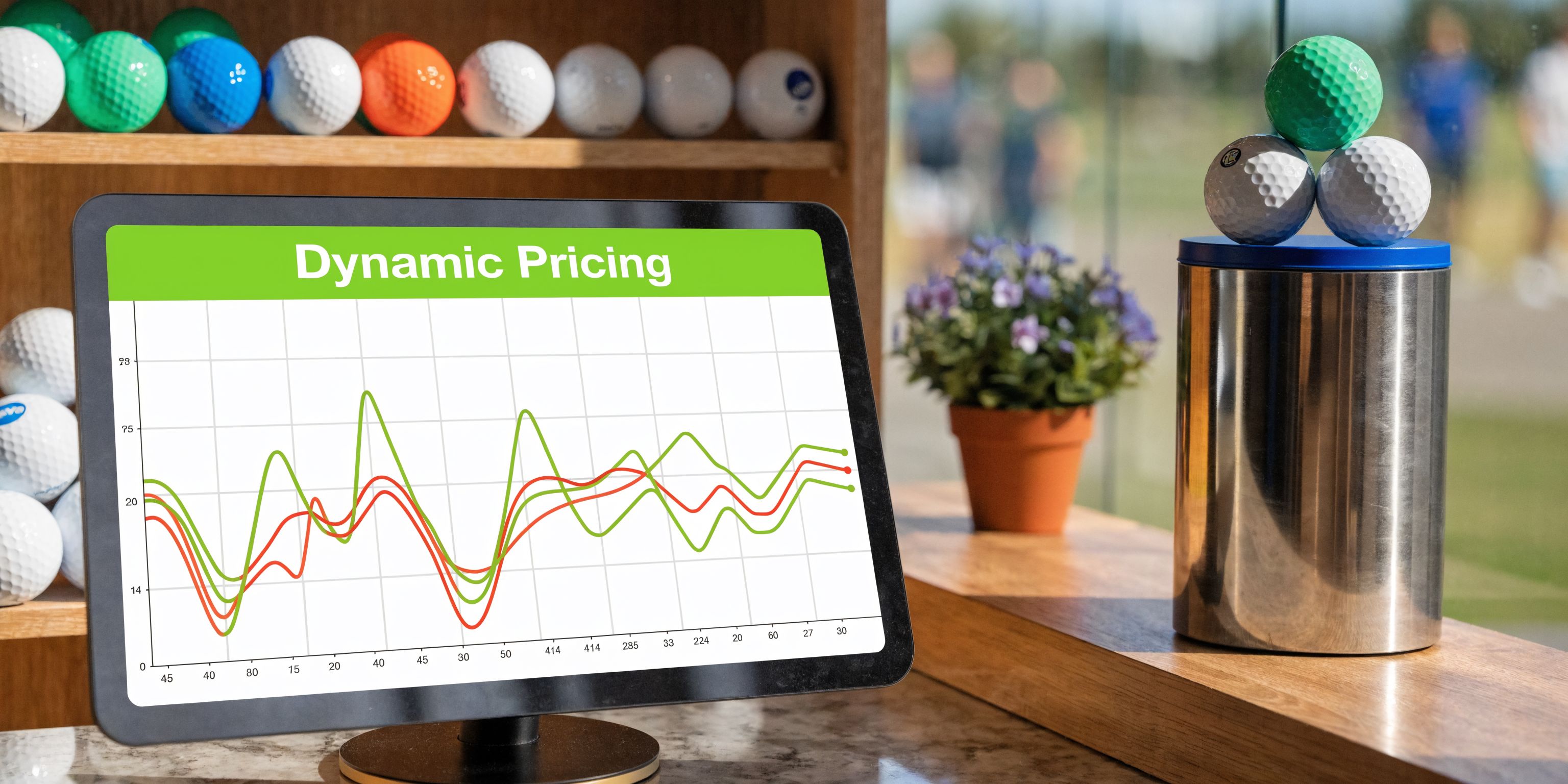 A tablet screen displaying a dynamic pricing graph positioned near a container of golf balls.