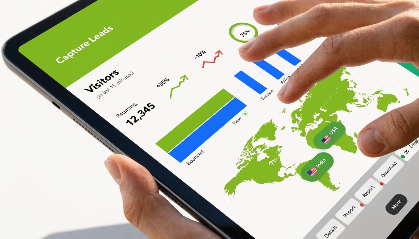 A person using a tablet to view analytics data showing visitor statistics and a world map.