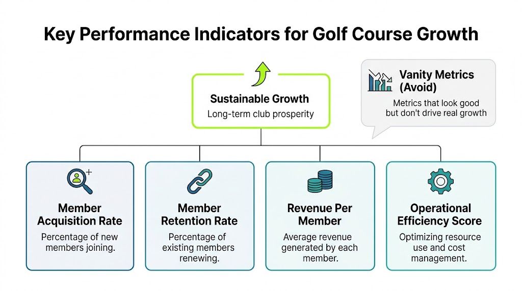 A diagram illustrating four key performance indicators essential for sustainable growth in golf club management.