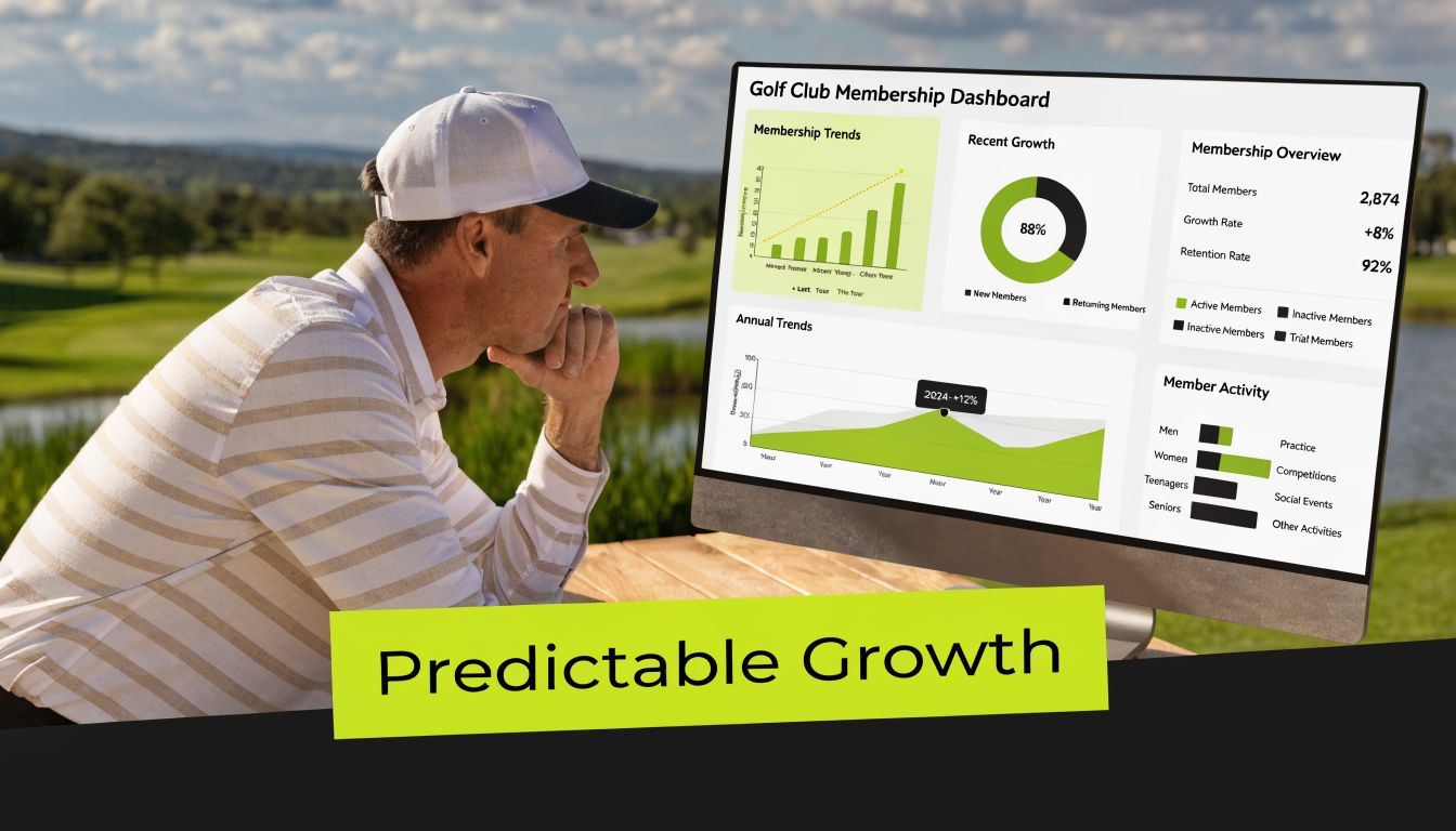 A man in a golf cap reviewing a digital dashboard displaying golf club membership analytics and growth metrics.