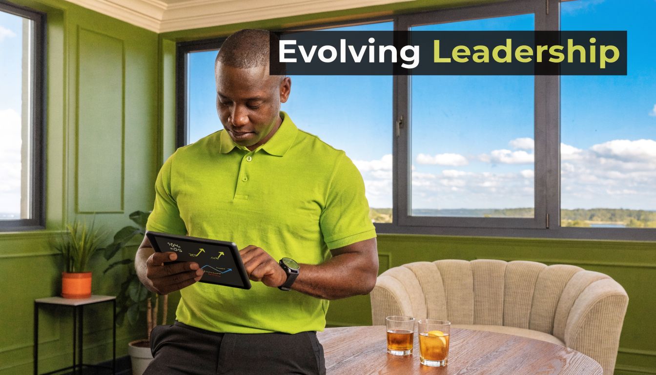 A professional man in a lime green polo shirt reviewing business data on a digital tablet.