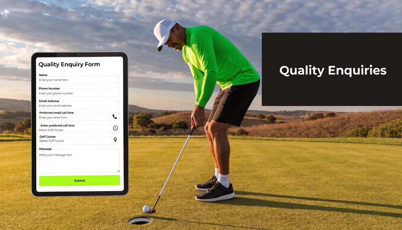 A golfer putting on a green next to a digital tablet displaying an online enquiry form.