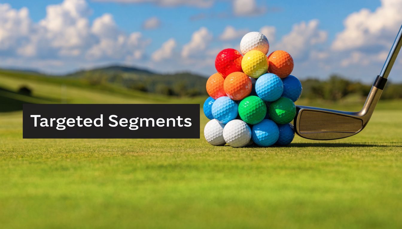 A pyramid of colorful golf balls sits on a green course next to a golf club.