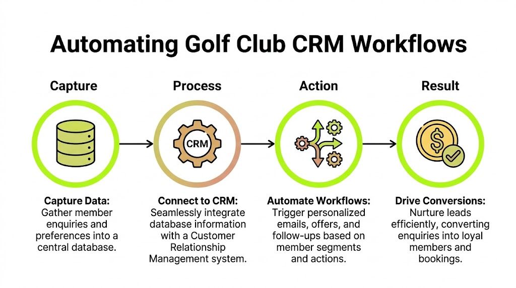 A diagram illustrating the four-step Golf Club CRM automation workflow from data capture to driving conversions.