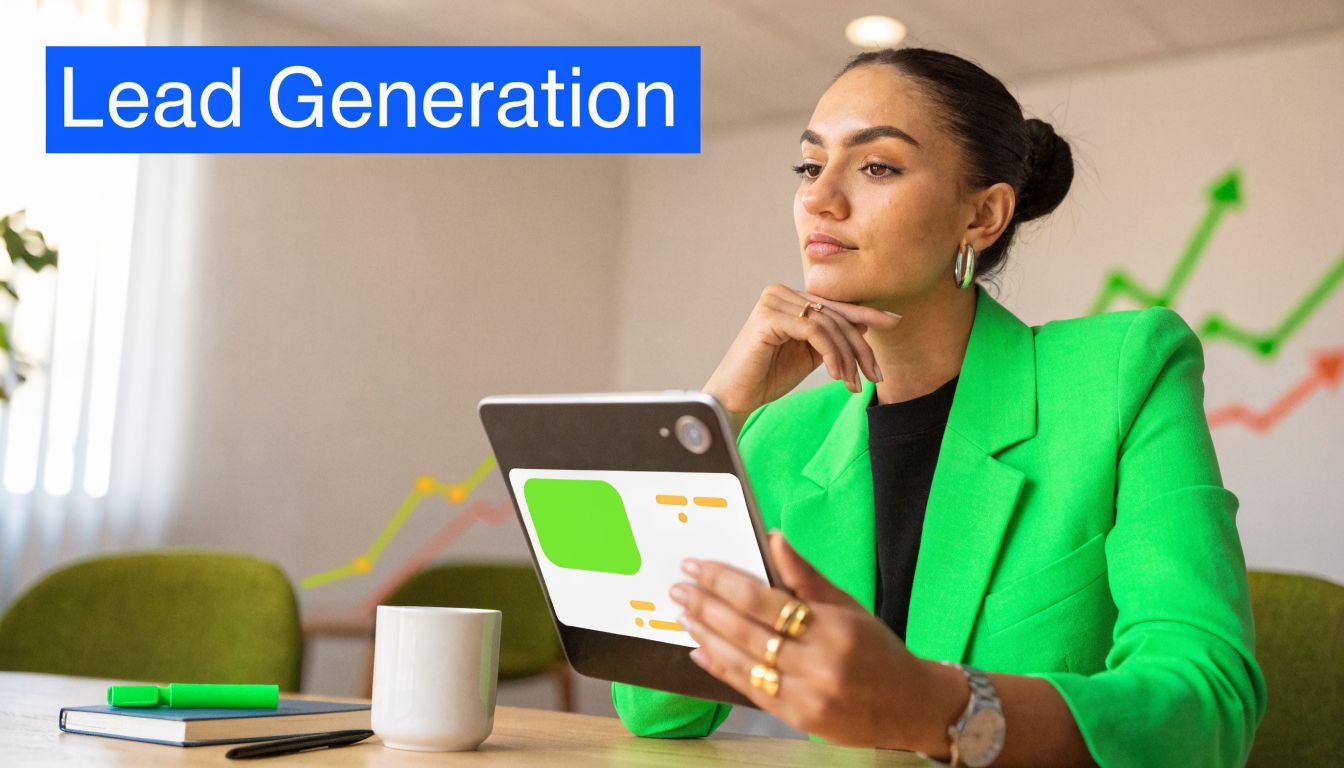 A professional woman in a green blazer reviewing a digital device while working on lead generation strategies.