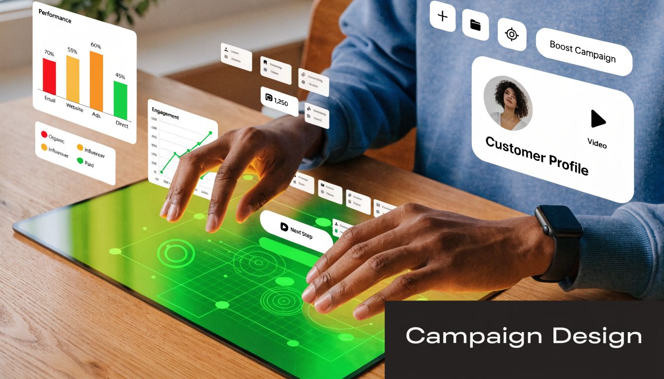 A person using advanced digital interface tools to design and manage a marketing campaign on a screen.