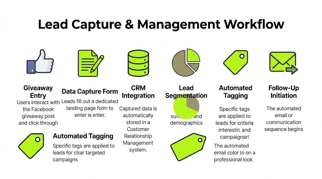 A diagram illustrating the six-step Lead Capture and Management Workflow process starting from Facebook giveaway entries.