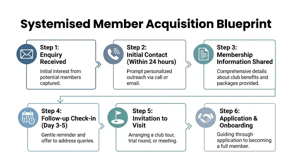 A six-step flowchart illustrating a systemized member acquisition process for a golf club or membership organization.