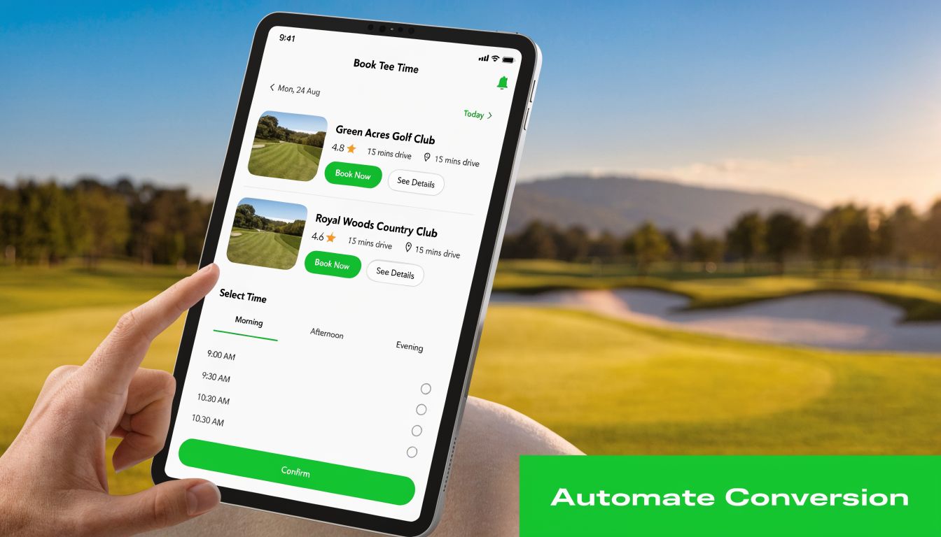 A person uses a mobile app on a tablet to book golf tee times outdoors at sunset.