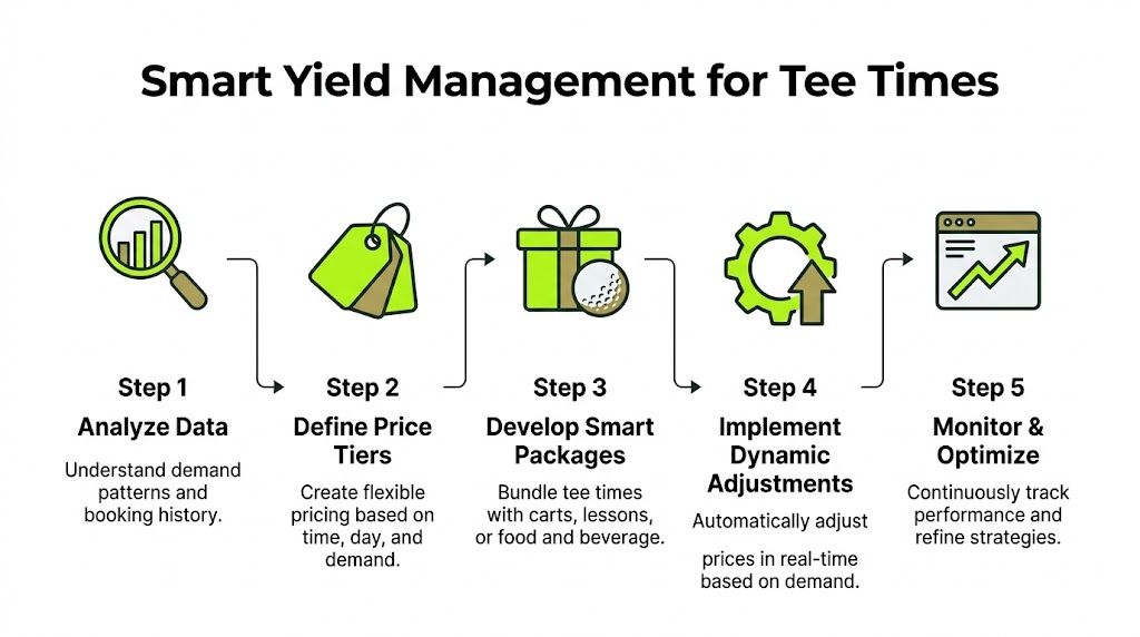 A five-step infographic showing how to use smart yield management to optimize golf tee times booking strategies.