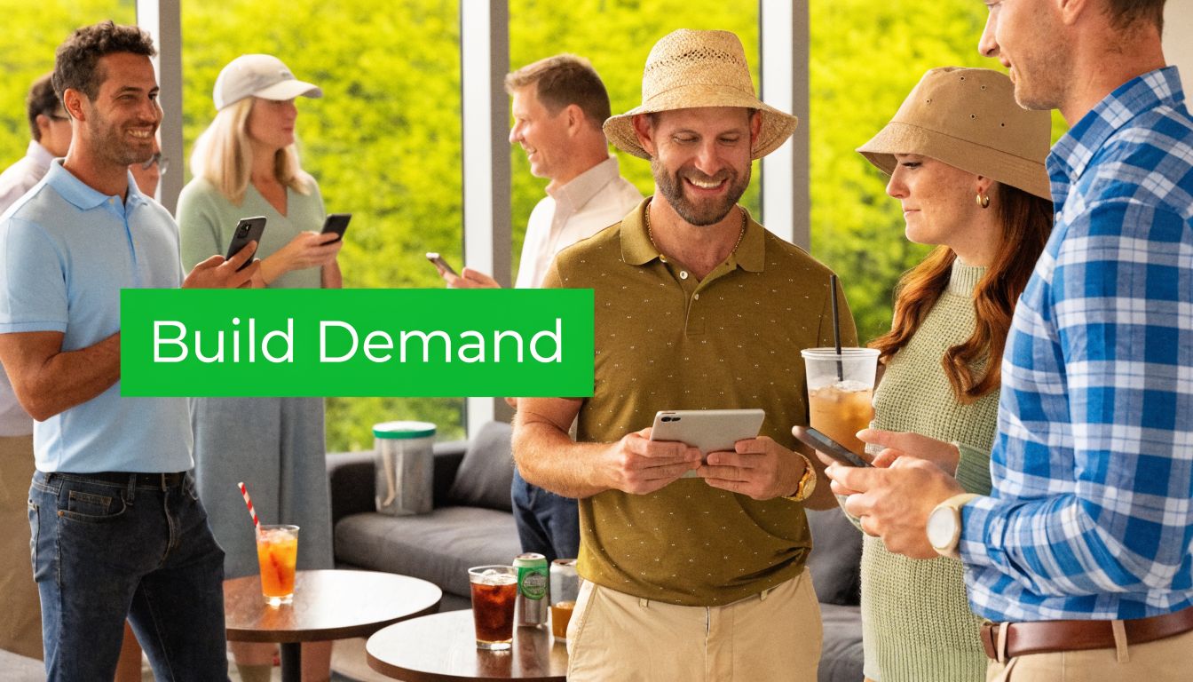 A diverse group of professionals networking and checking their mobile devices in a bright modern office space.