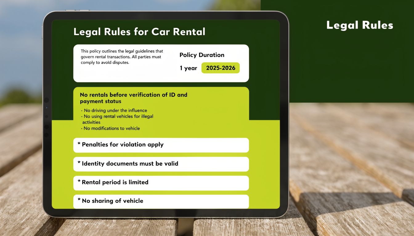 A digital tablet displaying a list of legal rules for car rental on a wooden table outdoors.