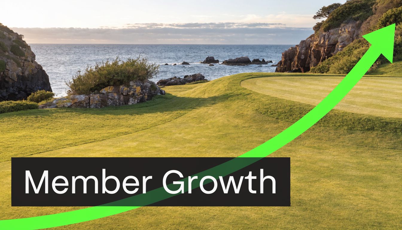 A scenic golf course by the ocean with an upward trending green arrow representing member growth.