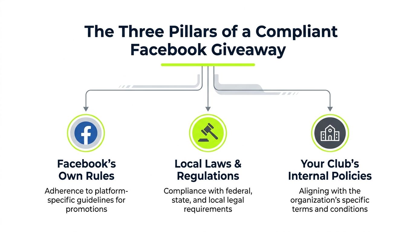 A diagram outlining the three pillars of a compliant Facebook giveaway: platform rules, local laws, and internal policies.