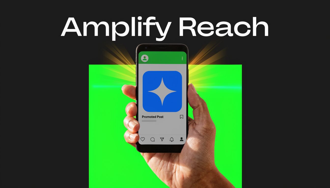 A hand holding a smartphone displaying a social media post with a star icon for promoted posts.