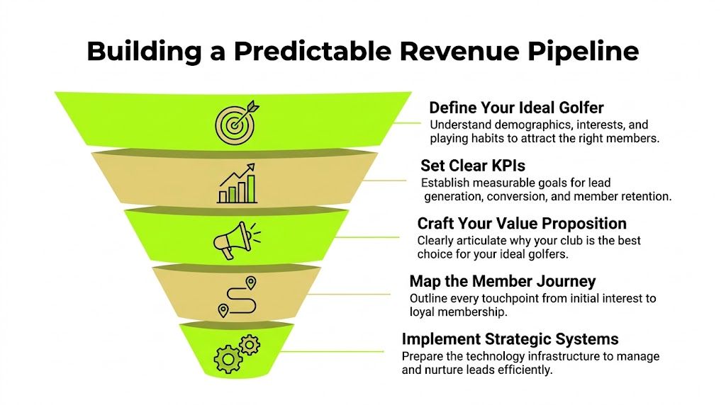 A funnel infographic detailing five strategic steps to build a predictable revenue pipeline for golf clubs.
