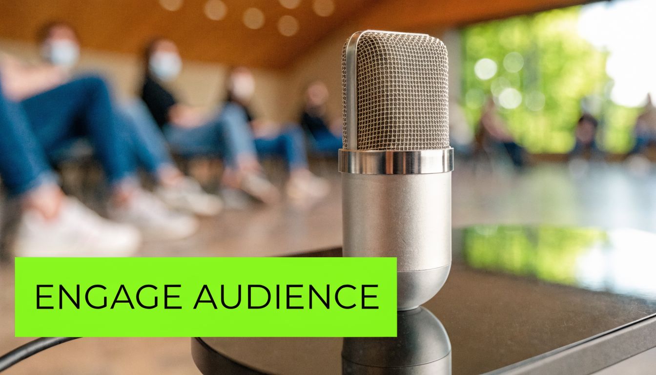 A professional microphone stands in the foreground before a blurred audience in a spacious conference room.