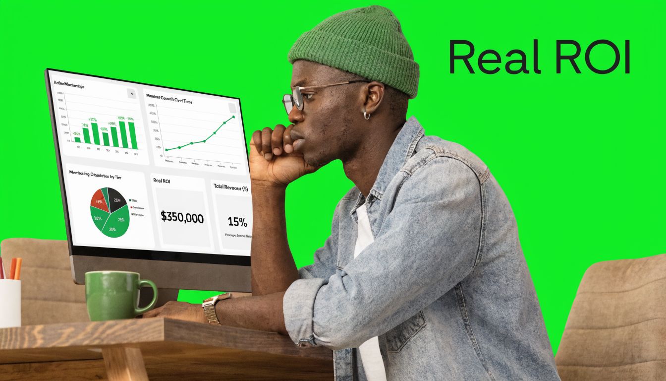 A young man in a green beanie analyzing business growth charts and ROI data on a desktop computer.