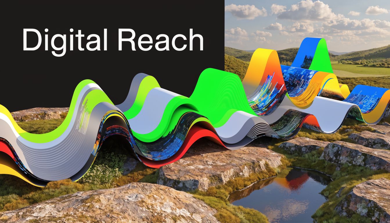 A digital graphic overlaying rolling landscapes with colorful waves representing digital reach and modern marketing concepts.