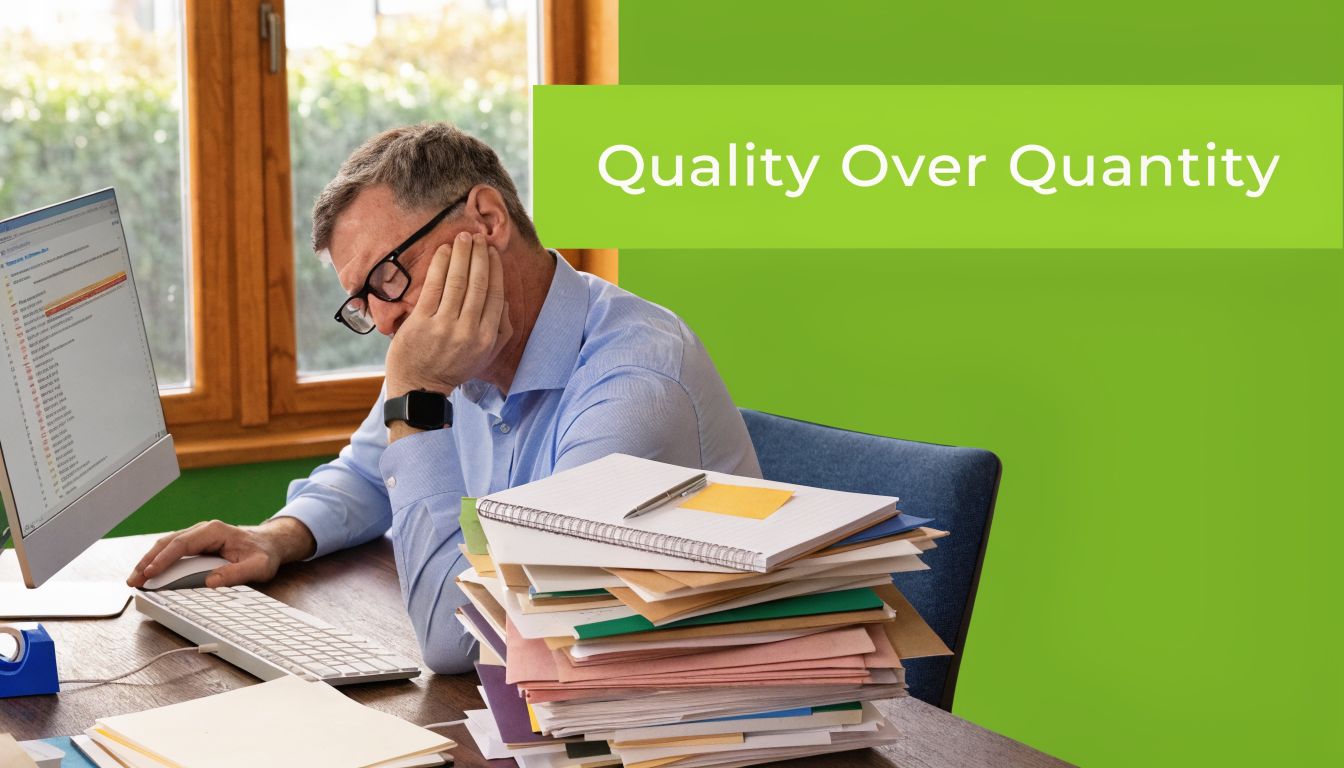 An office worker looking tired and stressed while staring at a massive stack of paperwork and computer.