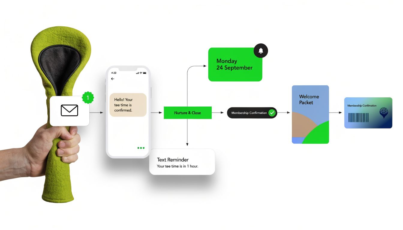 A marketing workflow diagram showing the journey from an initial tee time inquiry to membership confirmation.