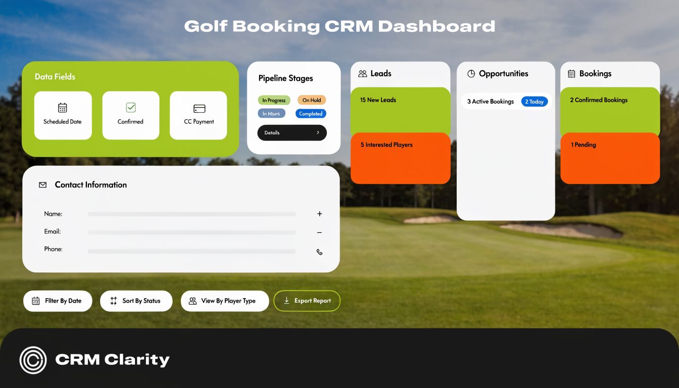 A digital dashboard for a golf club CRM showing metrics on leads, opportunities, and booking status.