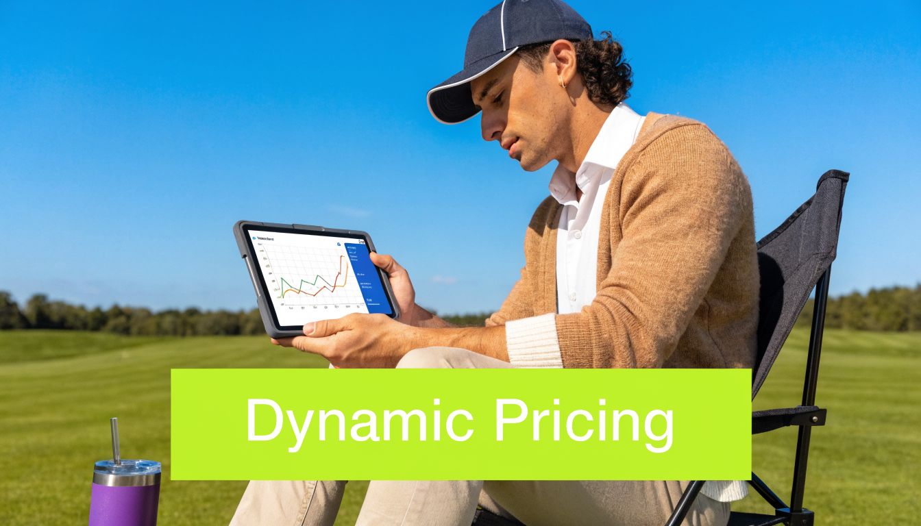 A man in a golf cap and sweater sitting in a chair holding a tablet with pricing charts.
