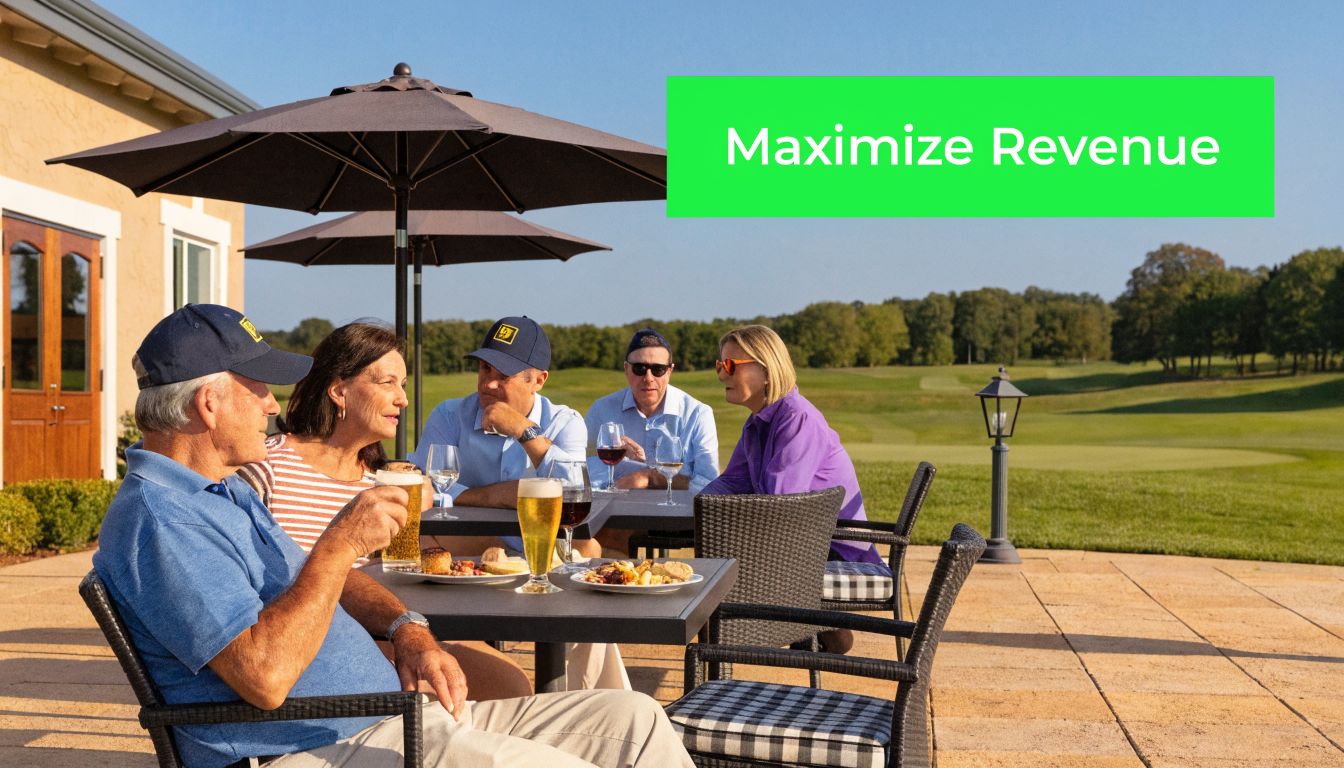 A group of friends enjoy drinks and snacks at a golf club outdoor patio table.
