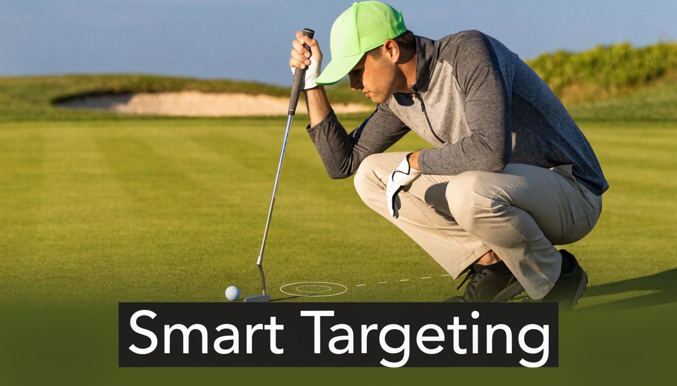 A professional golfer crouching on a green reading a putt line, focusing on the target with a putter.